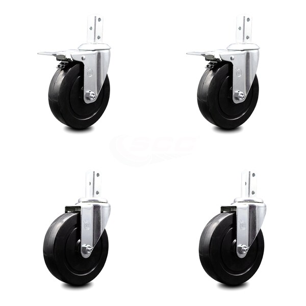 5 Inch Hard Rubber Swivel 3/4 Inch Square Stem Caster Total Lock Brakes, 2PK
